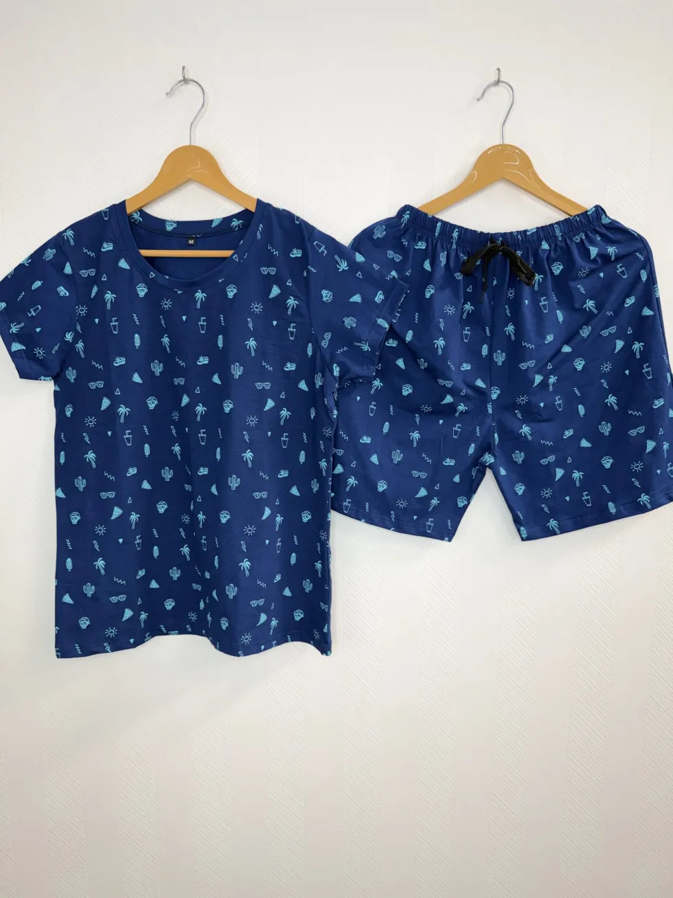 Navy Blue Summer Icon Printed T-Shirt with Combo Shorts Set