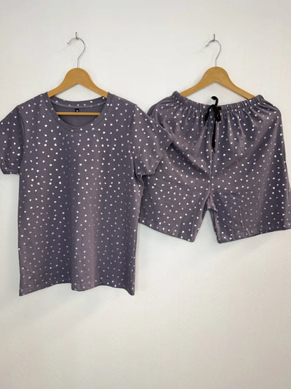 Grey Heart Print T-Shirt with Combo Shorts Set