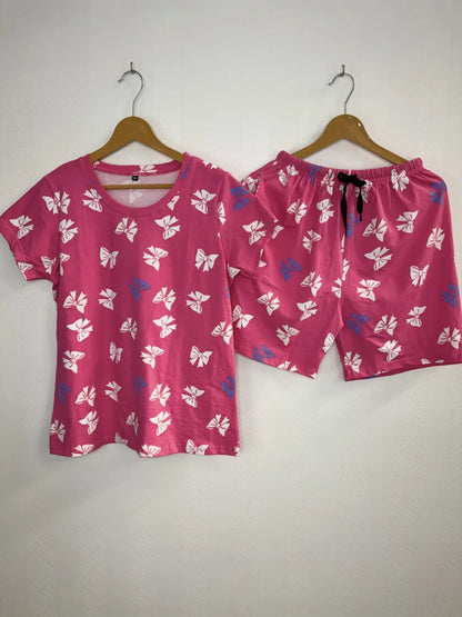 Pink Bow Print T-Shirt with Combo Shorts Set