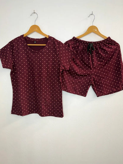 Maroon Polka Dot Print T-Shirt with Combo Shorts Set