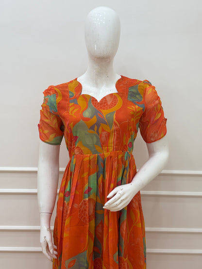 Coral Orange Pomegranate Floral Feeding Maxi Dress