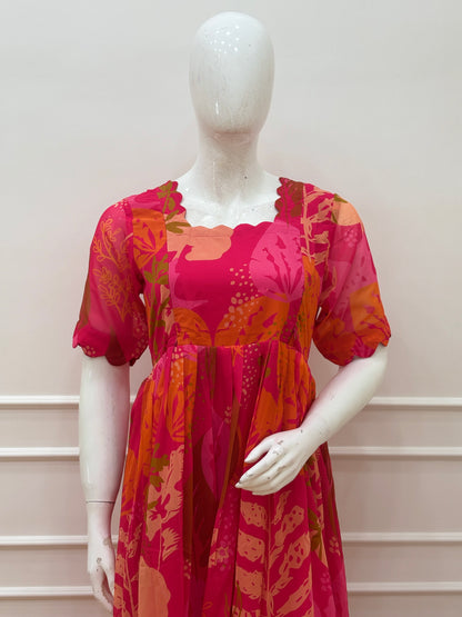 Ruby Pink Floral Printed Organza Feeding Midi Dress