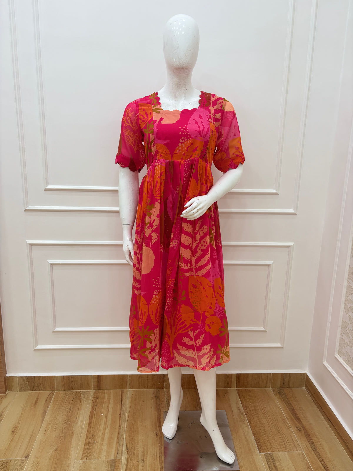 Ruby Pink Floral Printed Organza Feeding Midi Dress