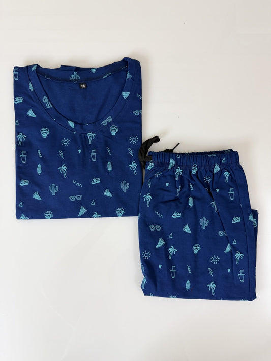 Navy Blue Summer Icon Printed T-Shirt with Combo Shorts Set