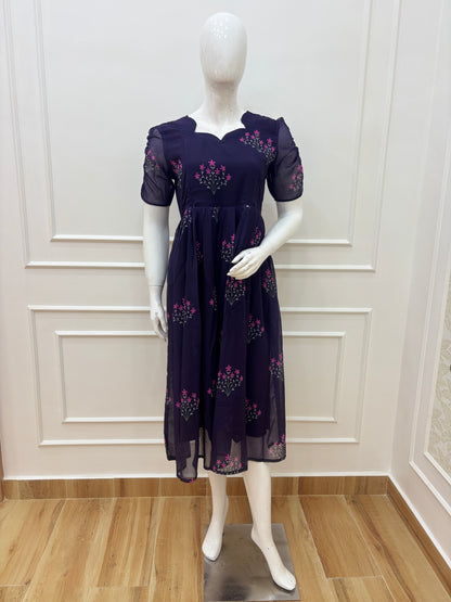 Navy Blue Floral Embroidered Feeding Maxi Dress
