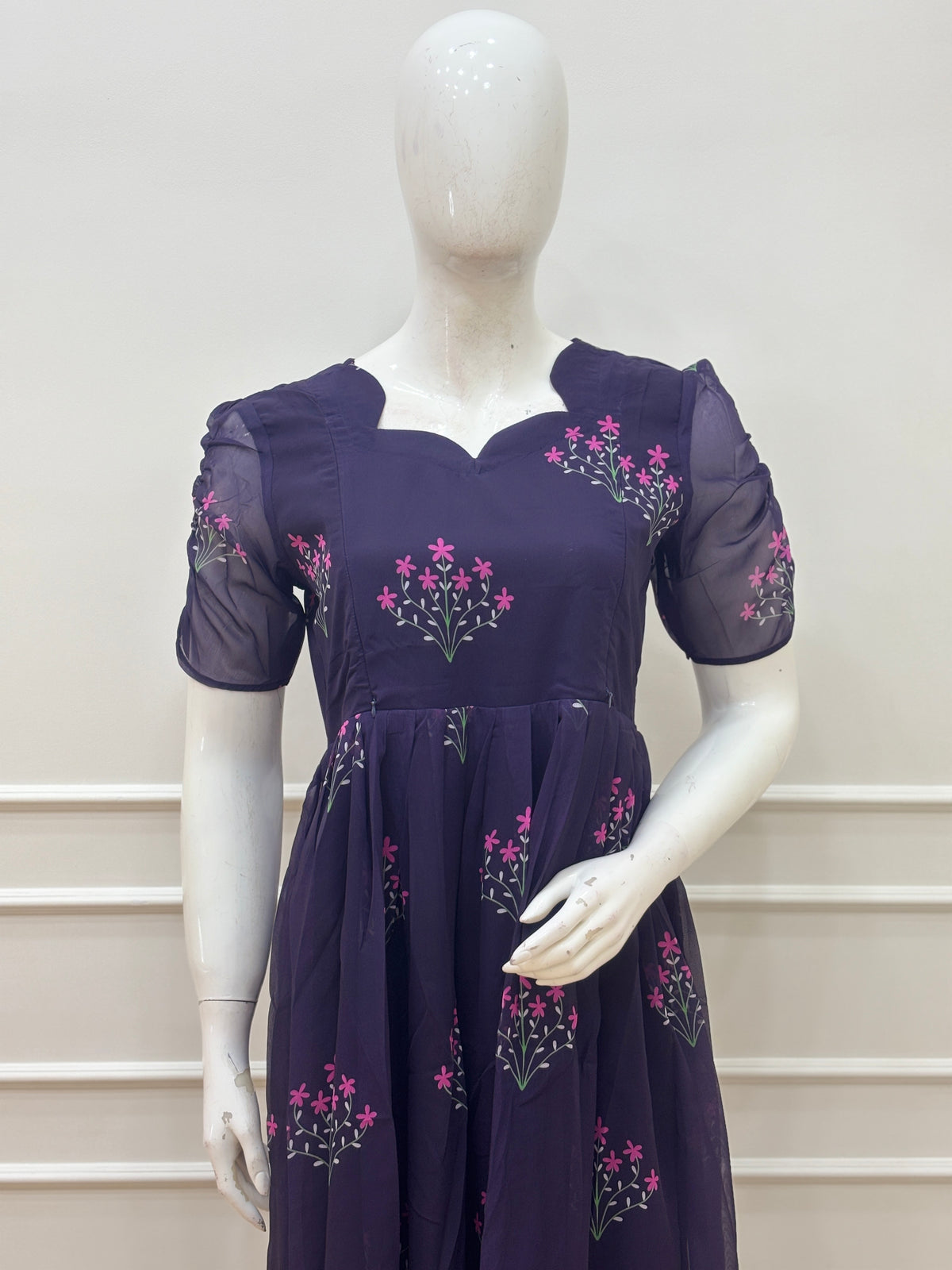 Navy Blue Floral Embroidered Feeding Maxi Dress