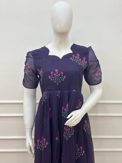 Navy Blue Floral Embroidered Feeding Maxi Dress