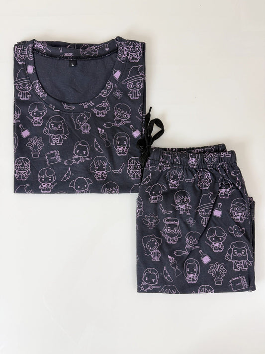 Charcoal Grey Cartoon Character Print T-Shirt with Combo Shorts Set