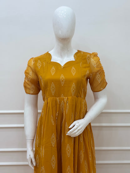 Mustard Yellow Diamond Print Feeding Maxi Dress