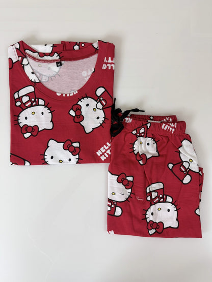 Red Hello Kitty Cartoon Printed T-Shirt with Matching Shorts Set