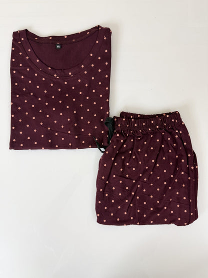 Maroon Polka Dot Print T-Shirt with Combo Shorts Set