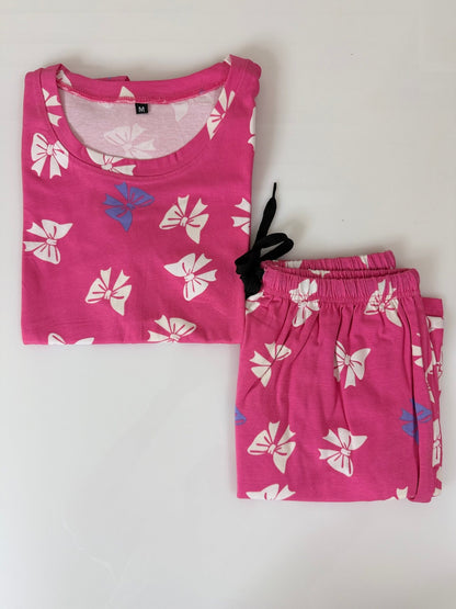 Pink Bow Print T-Shirt with Combo Shorts Set