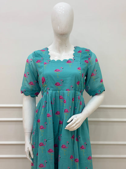 Turquoise Flamingo Print Feeding Maxi Dress