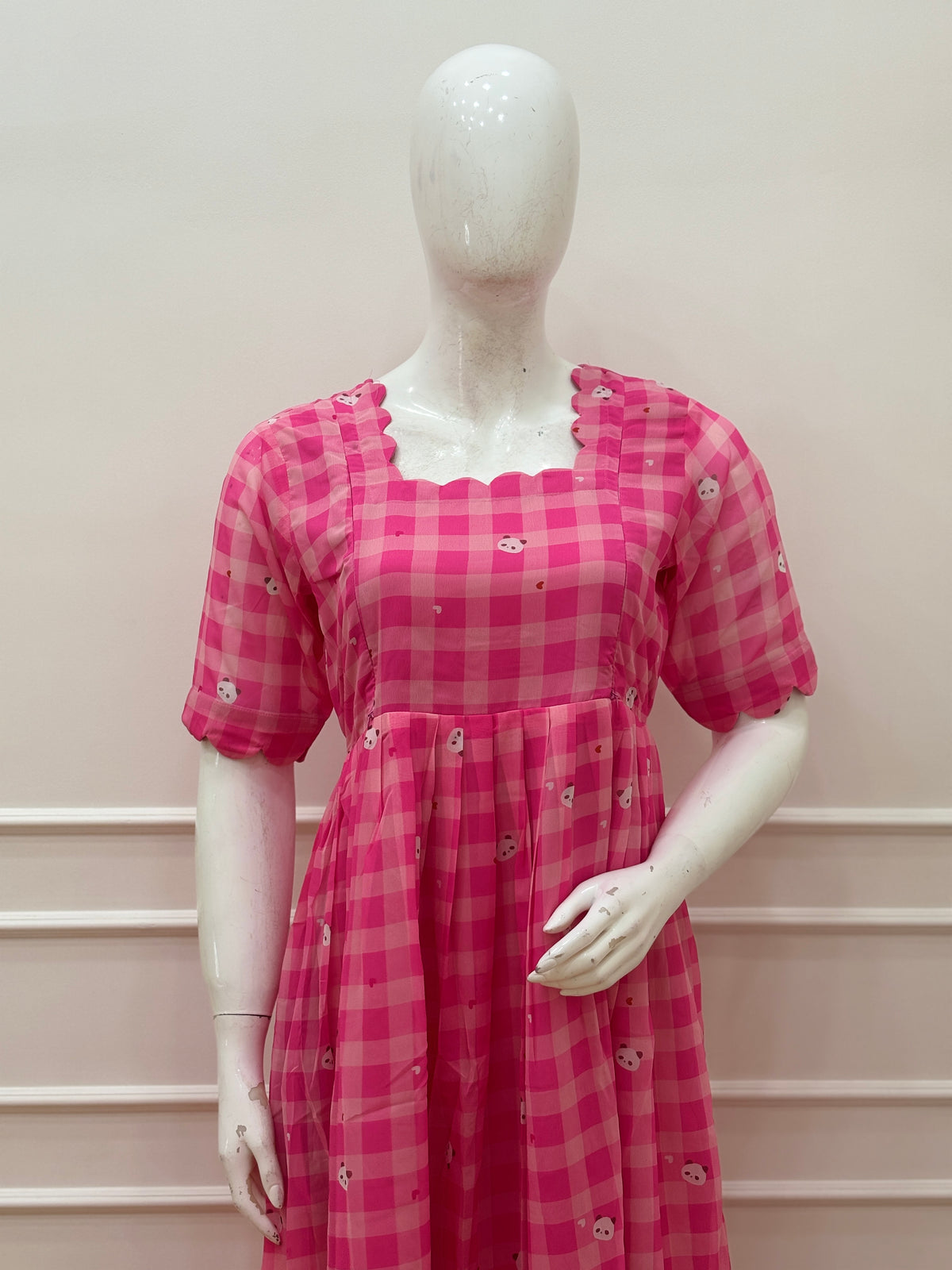 Pink Gingham Check Printed Feeding Maxi Dress