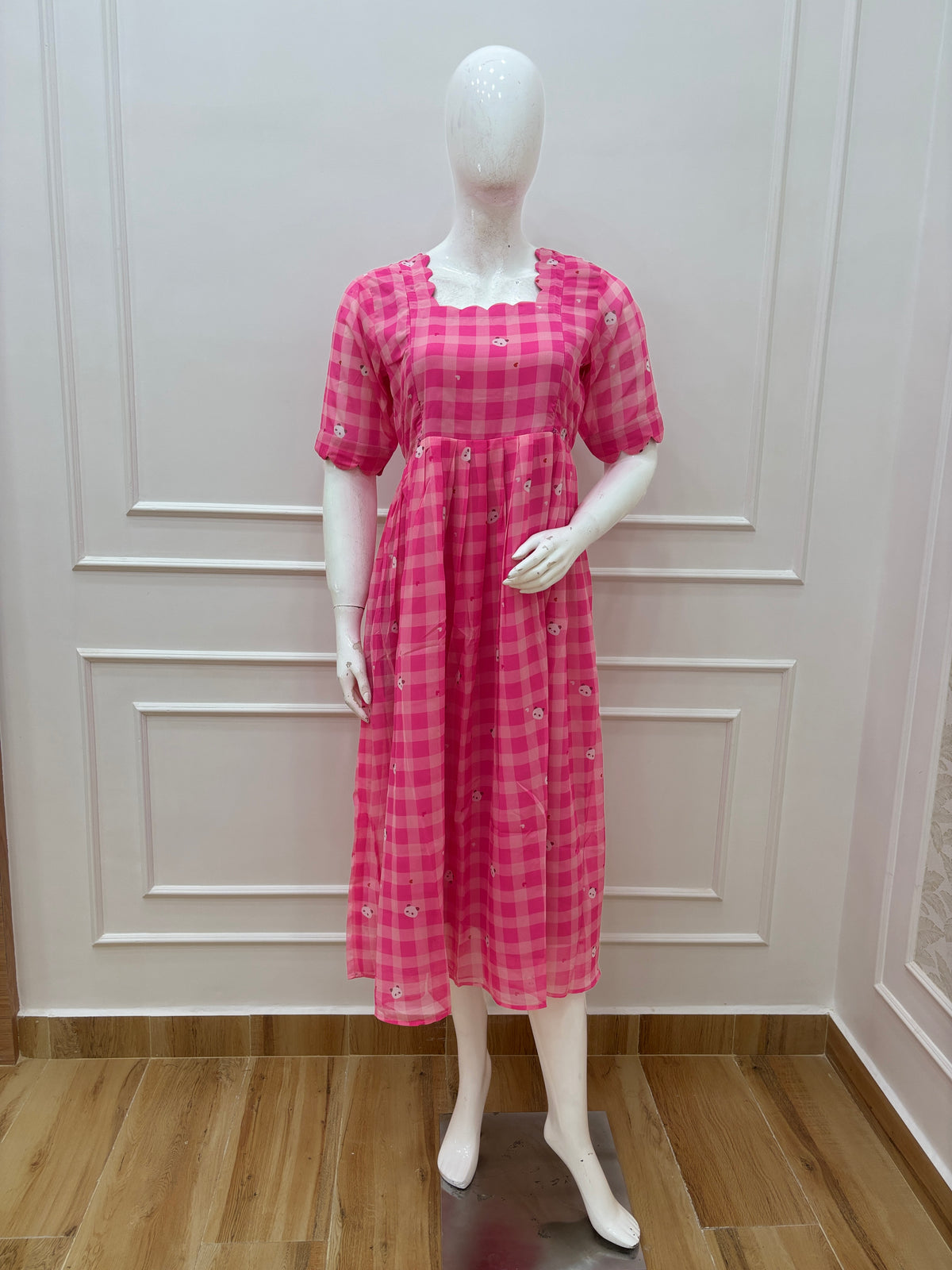 Pink Gingham Check Printed Feeding Maxi Dress