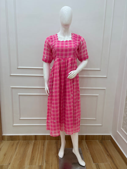Pink Gingham Check Printed Feeding Maxi Dress