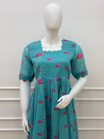 Turquoise Flamingo Print Georgette Non-Feeding Maxi Dress