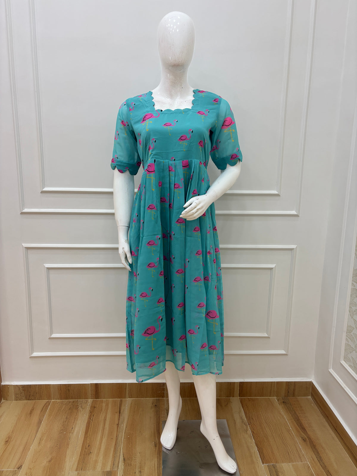 Turquoise Flamingo Print Georgette Non-Feeding Maxi Dress