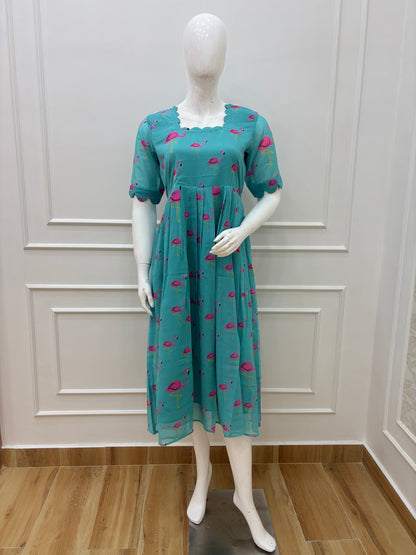 Turquoise Flamingo Print Georgette Non-Feeding Maxi Dress