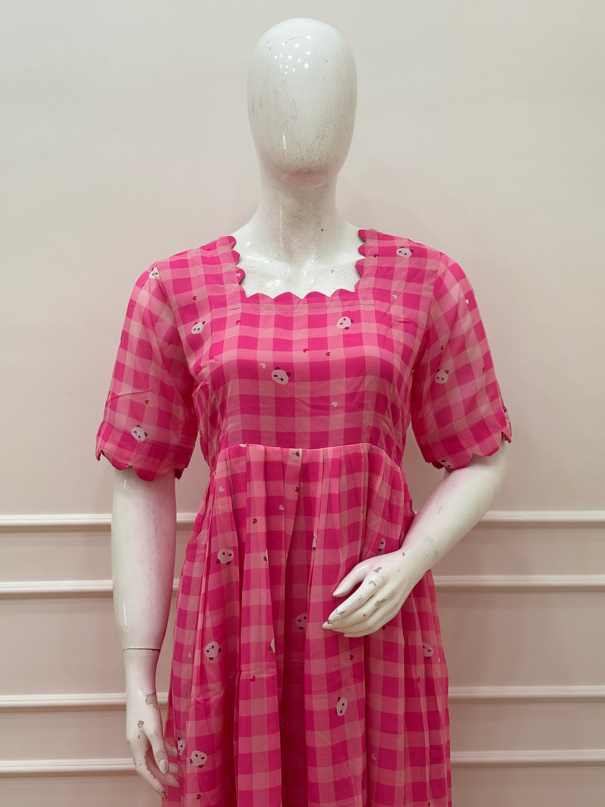 Hot Pink Gingham Georgette Non-Feeding Maxi Dress