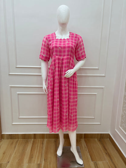 Hot Pink Gingham Georgette Non-Feeding Maxi Dress