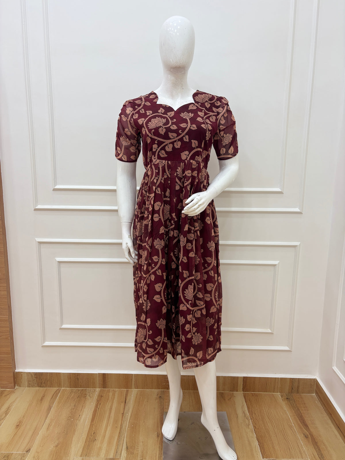 Burgundy Kalamkari Floral Print Georgette Non-Feeding Maxi Dress