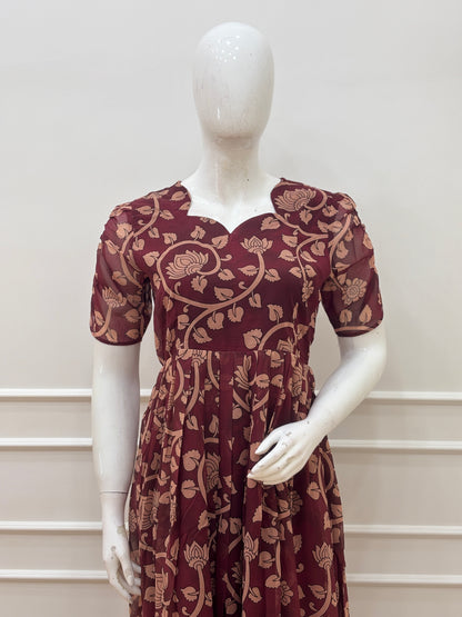 Burgundy Kalamkari Floral Print Georgette Non-Feeding Maxi Dress