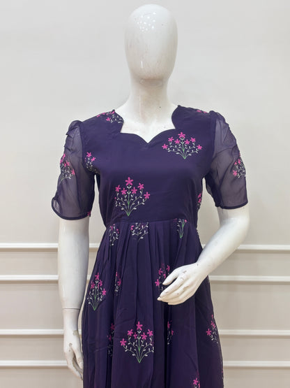 Midnight Purple Floral Embroid Georgette Non-Feeding Maxi Dress