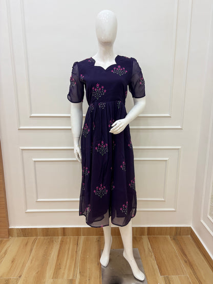 Midnight Purple Floral Embroid Georgette Non-Feeding Maxi Dress
