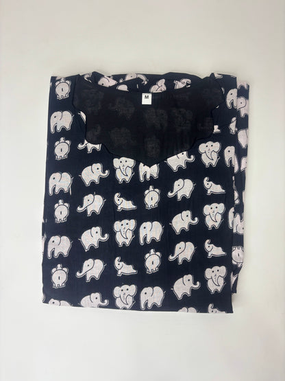 Black & White Elephant Print Pure Jaipur Cotton Non-Feeding Maxi