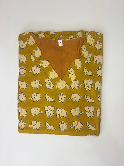 Mustard Yellow White Elephant Print Pure Jaipur Cotton Non-Feeding Maxi