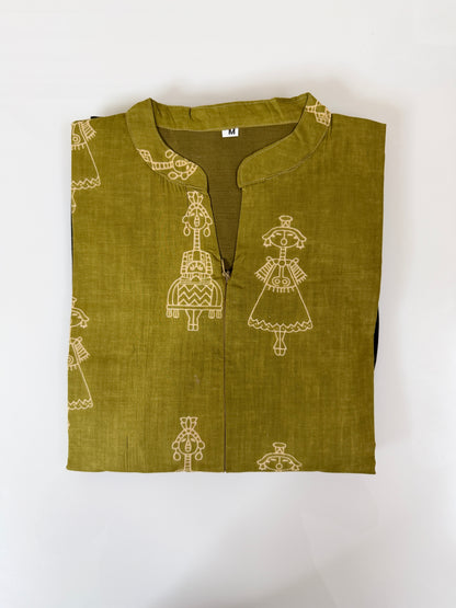 Olive Green Warli Print Cotton Maxi