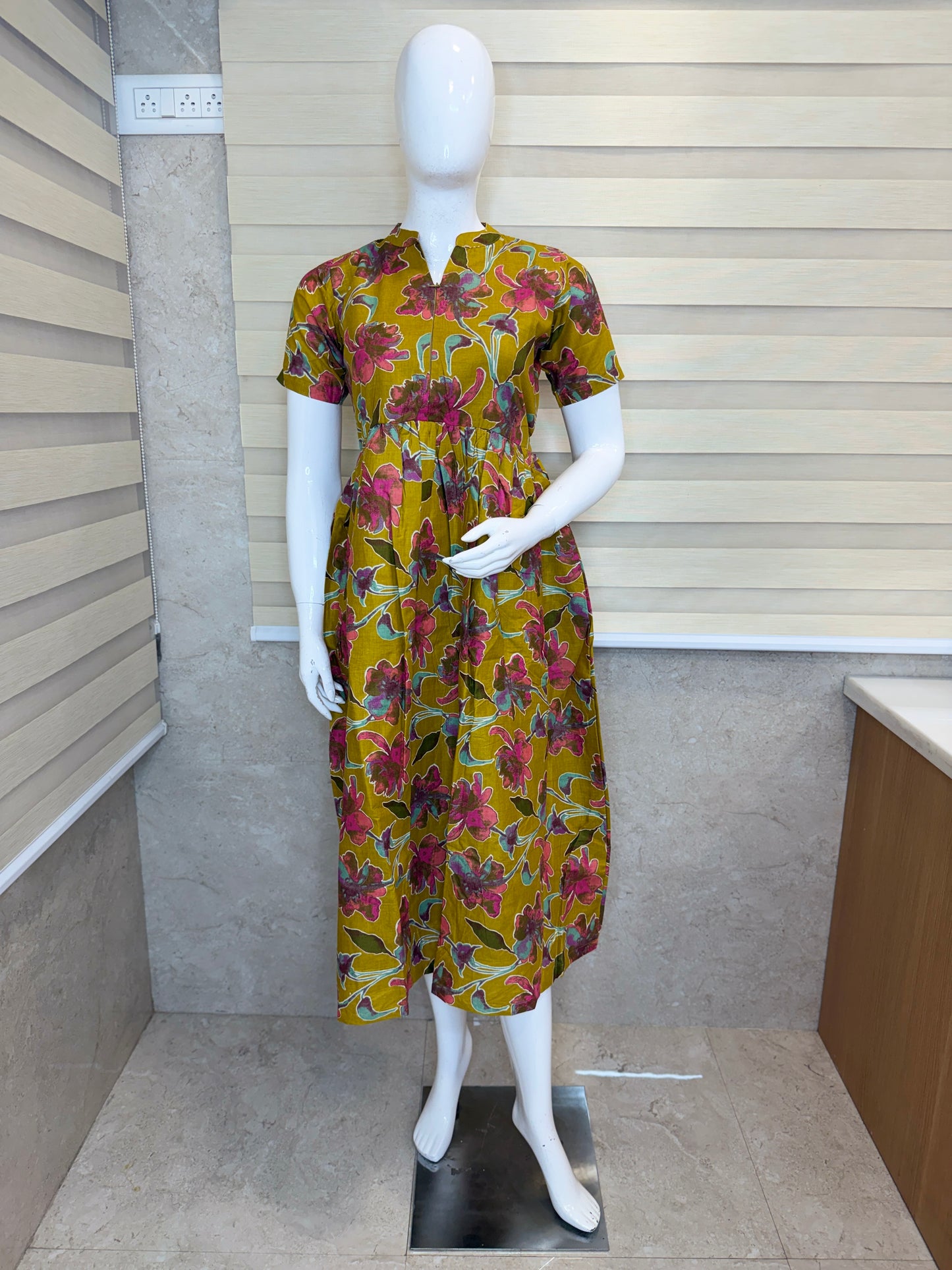 Mustard Floral Print Cotton Maxi