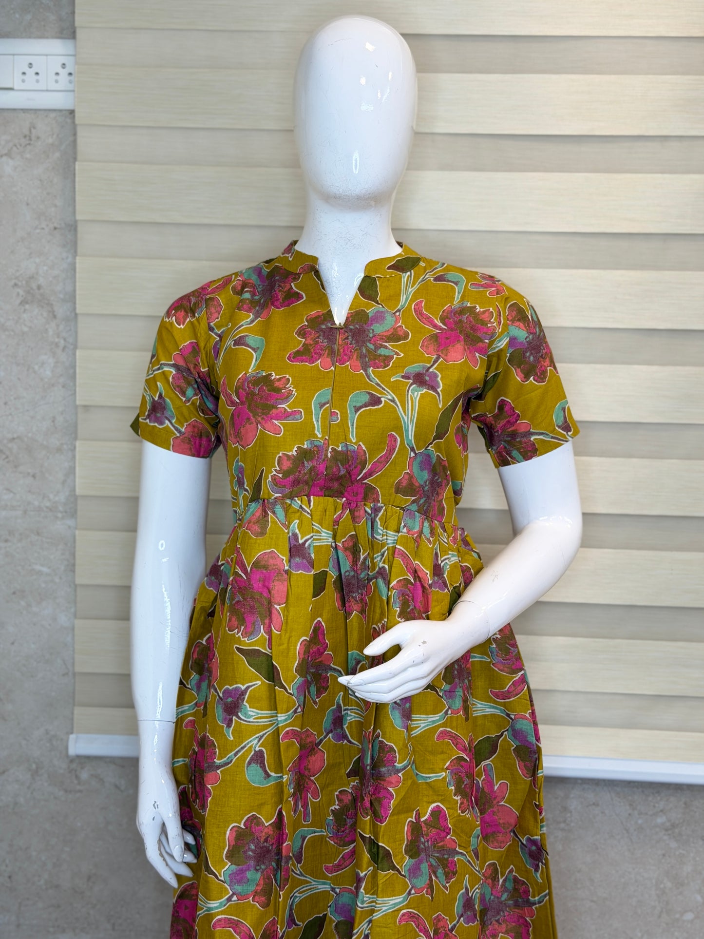 Mustard Floral Print Cotton Maxi