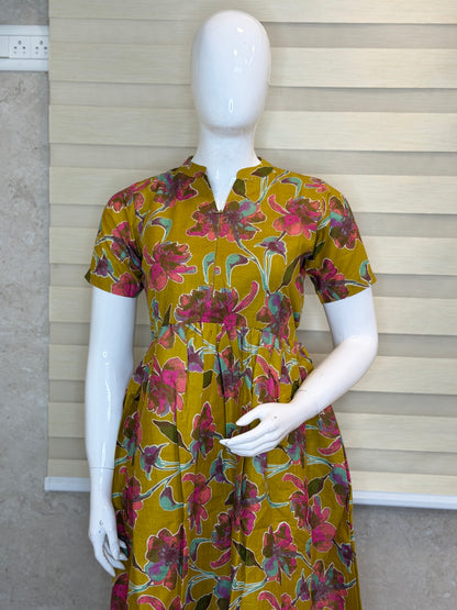 Mustard Floral Print Cotton Maxi