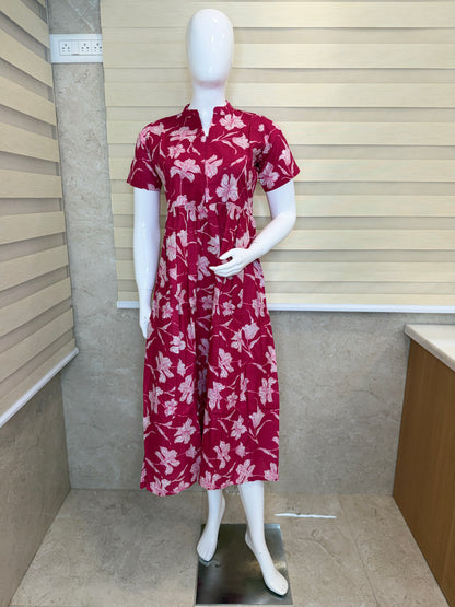 Magenta Floral Print Cotton Maxi