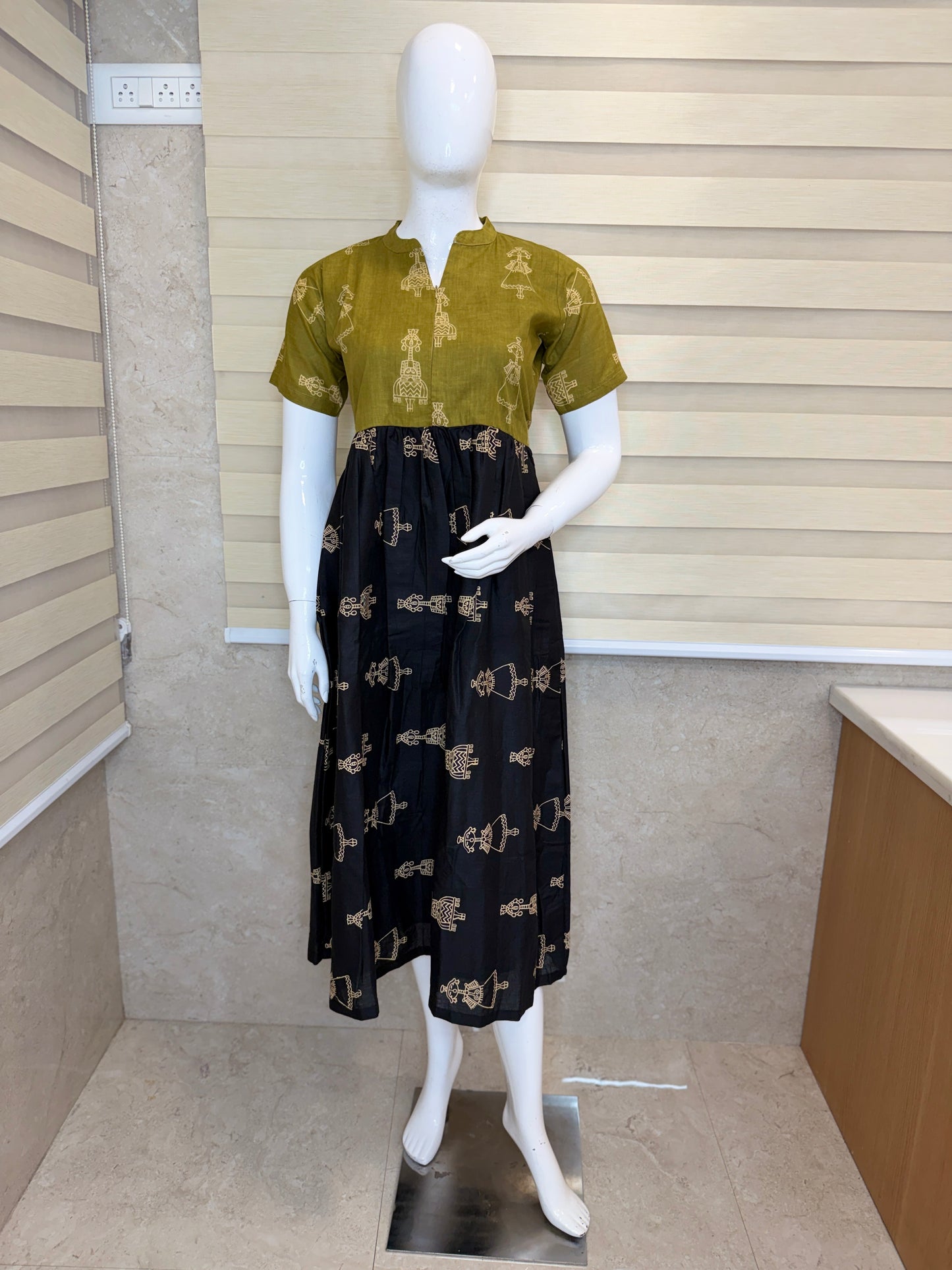 Olive Green Warli Print Cotton Maxi