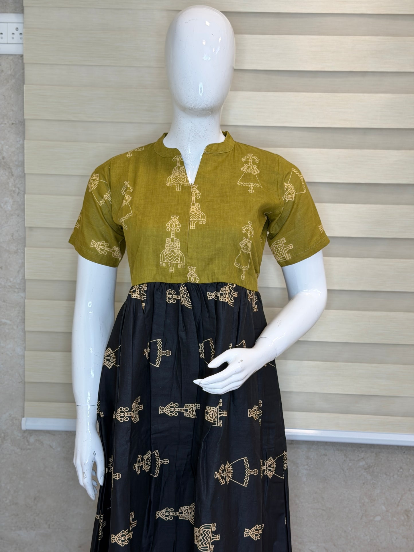 Olive Green Warli Print Cotton Maxi