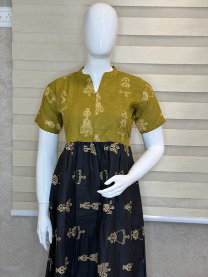 Olive Green Warli Print Cotton Maxi