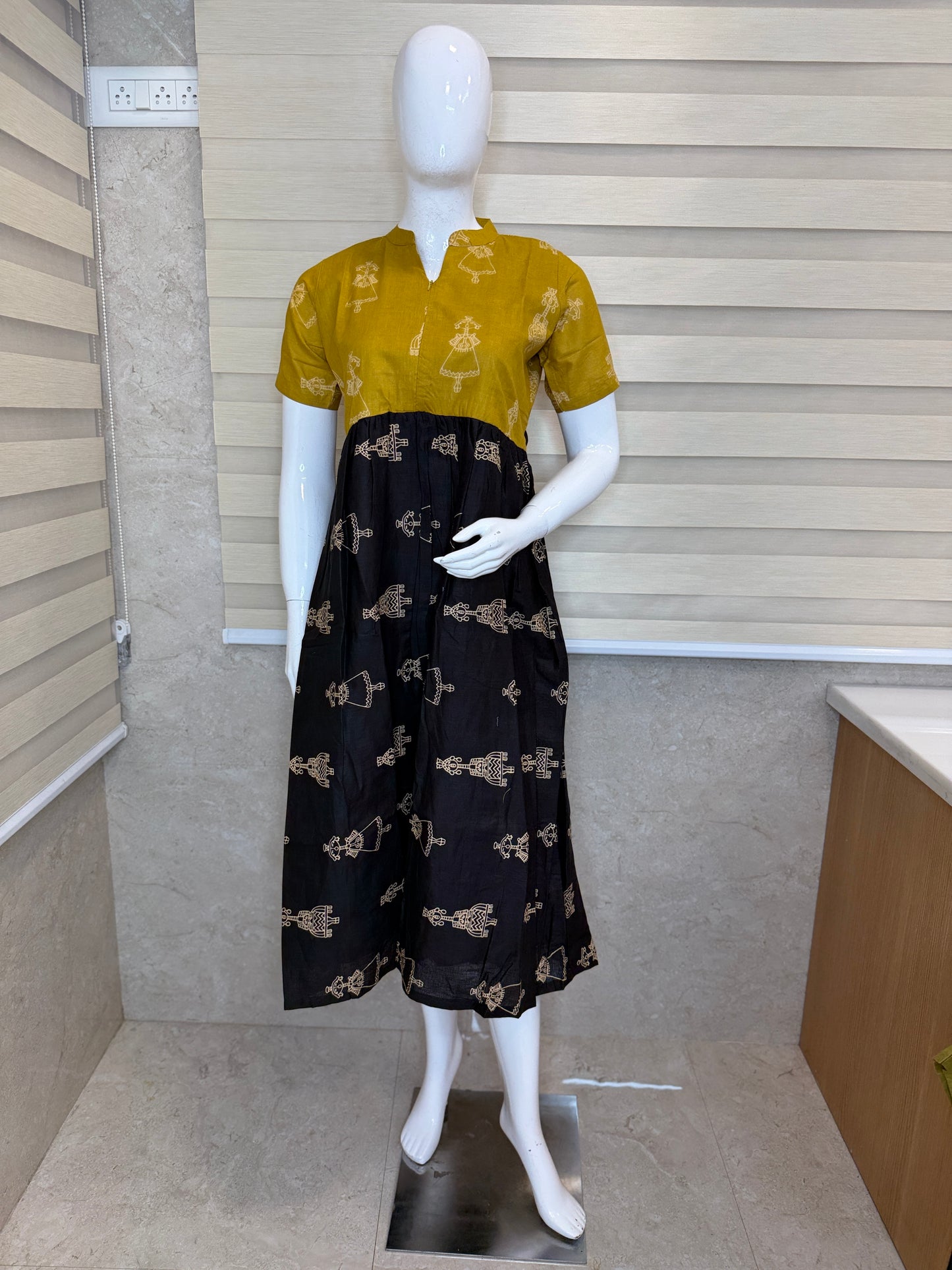 Mustard Yellow Warli Print Cotton Maxi
