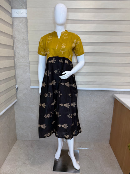 Mustard Yellow Warli Print Cotton Maxi