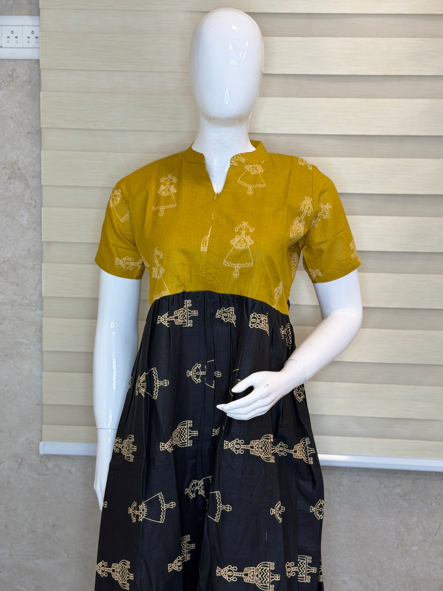 Mustard Yellow Warli Print Cotton Maxi