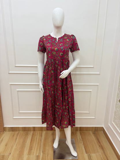 Maroon Paisley Floral Print Pure Jaipur Cotton Non-Feeding Maxi