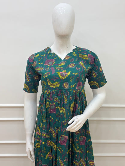 Teal Paisley Bloom Jaipur Cotton Non Feeding Maxi Dress
