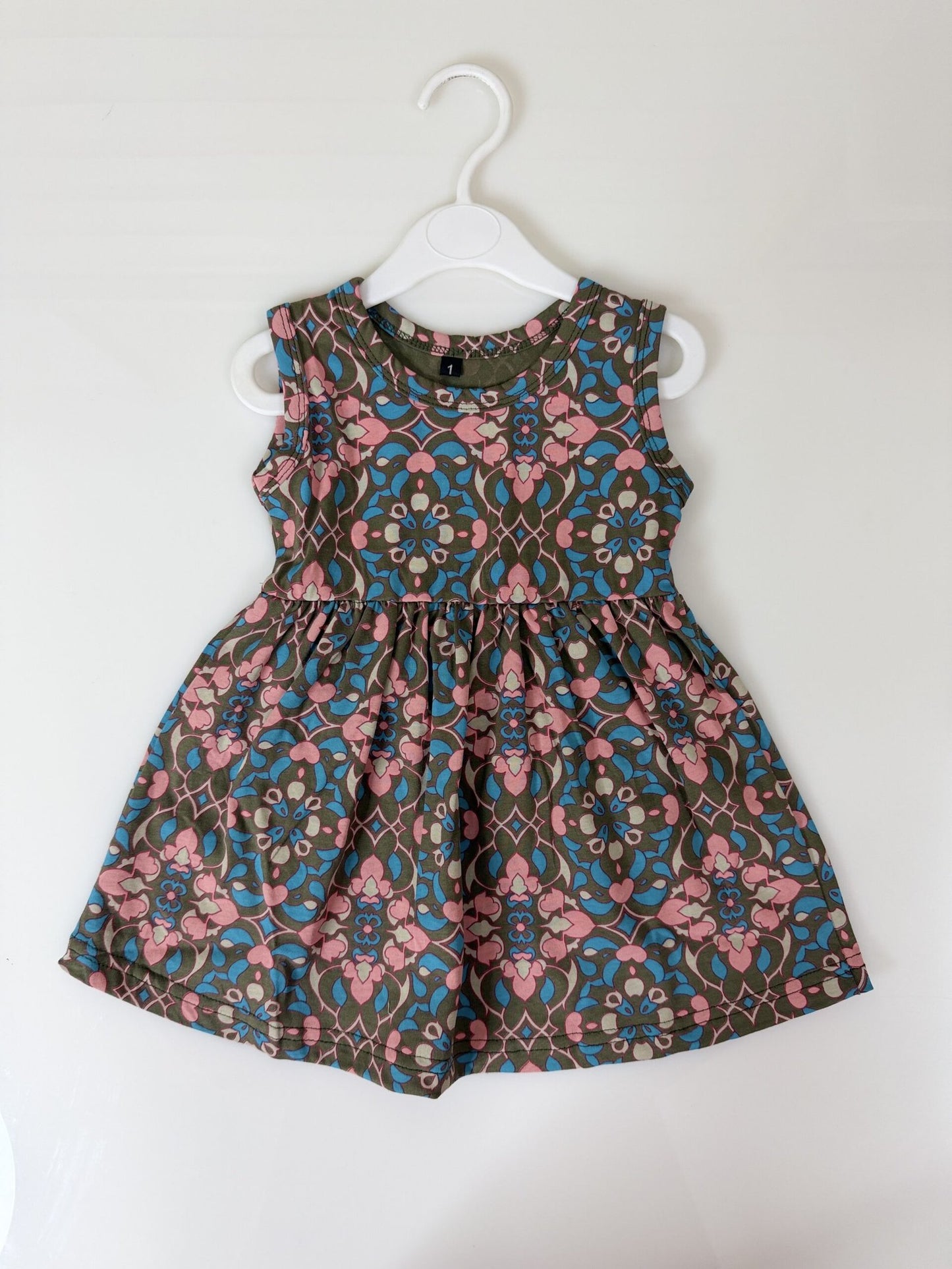 Teal & Pink Geometric Floral Print Sleeveless Frock