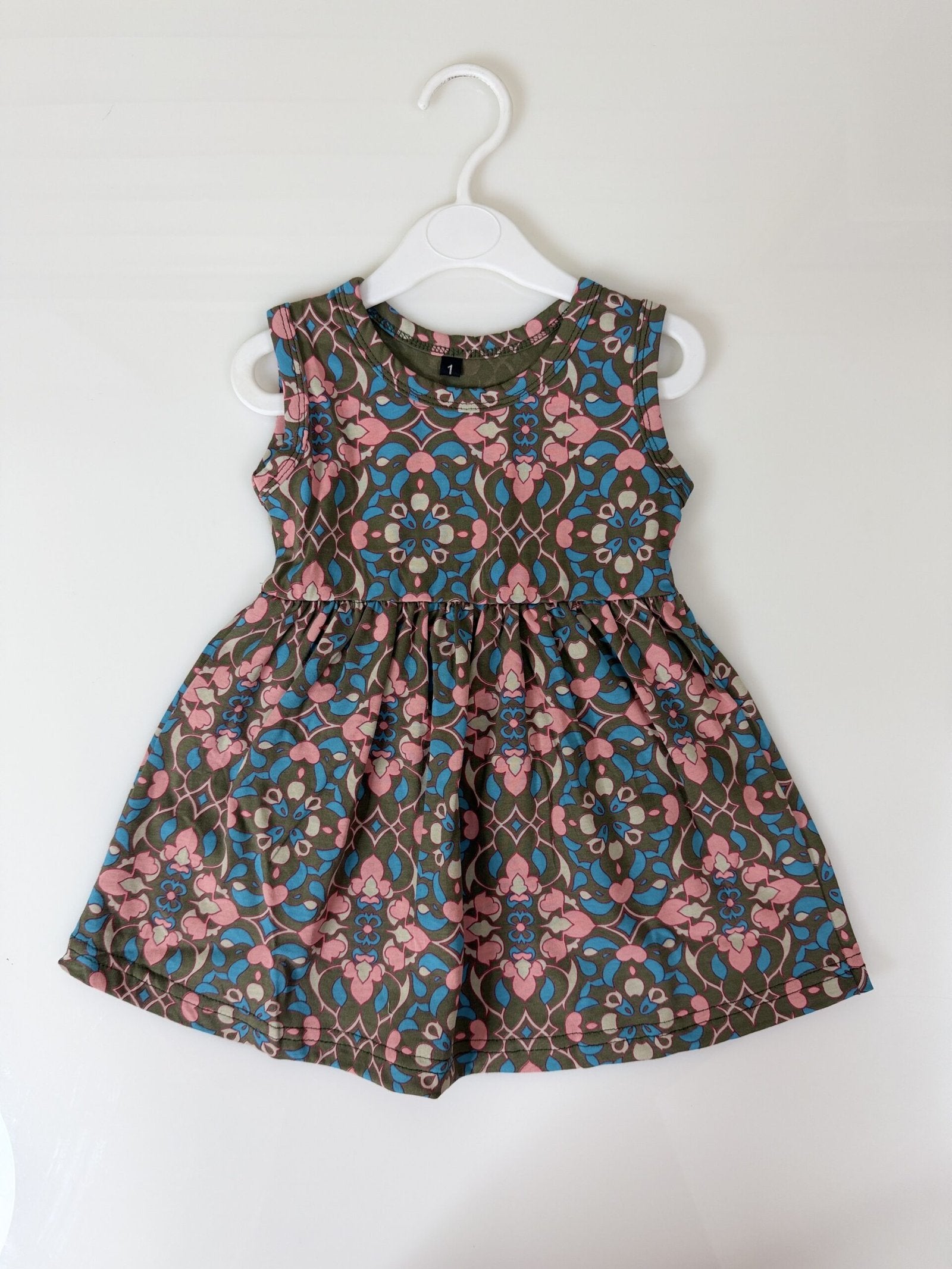 Teal & Pink Geometric Floral Print Sleeveless Frock