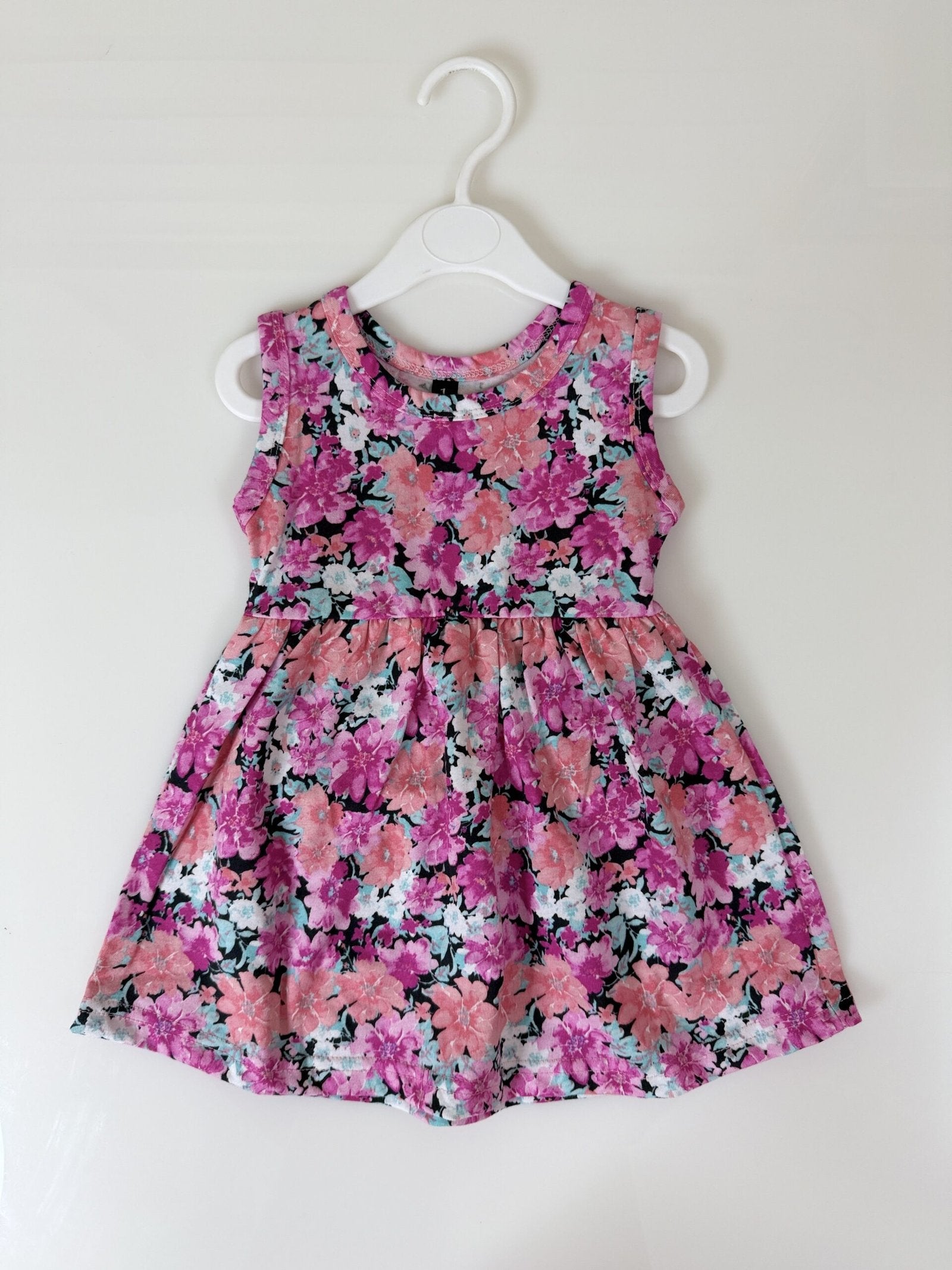 Pink & Peach Floral Print Sleeveless Frock