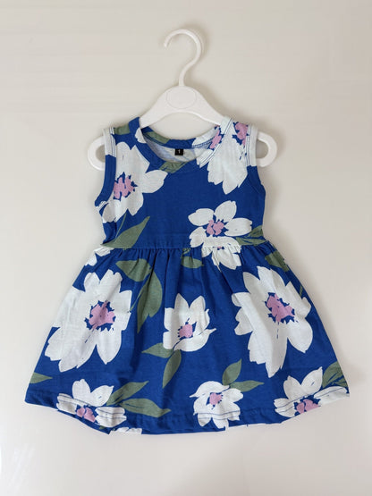 Royal Blue Large Floral Print Sleeveless Frock
