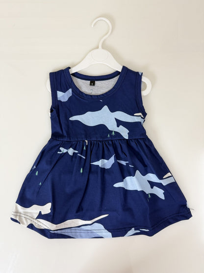 Navy Blue Abstract Landscape Print Sleeveless Frock
