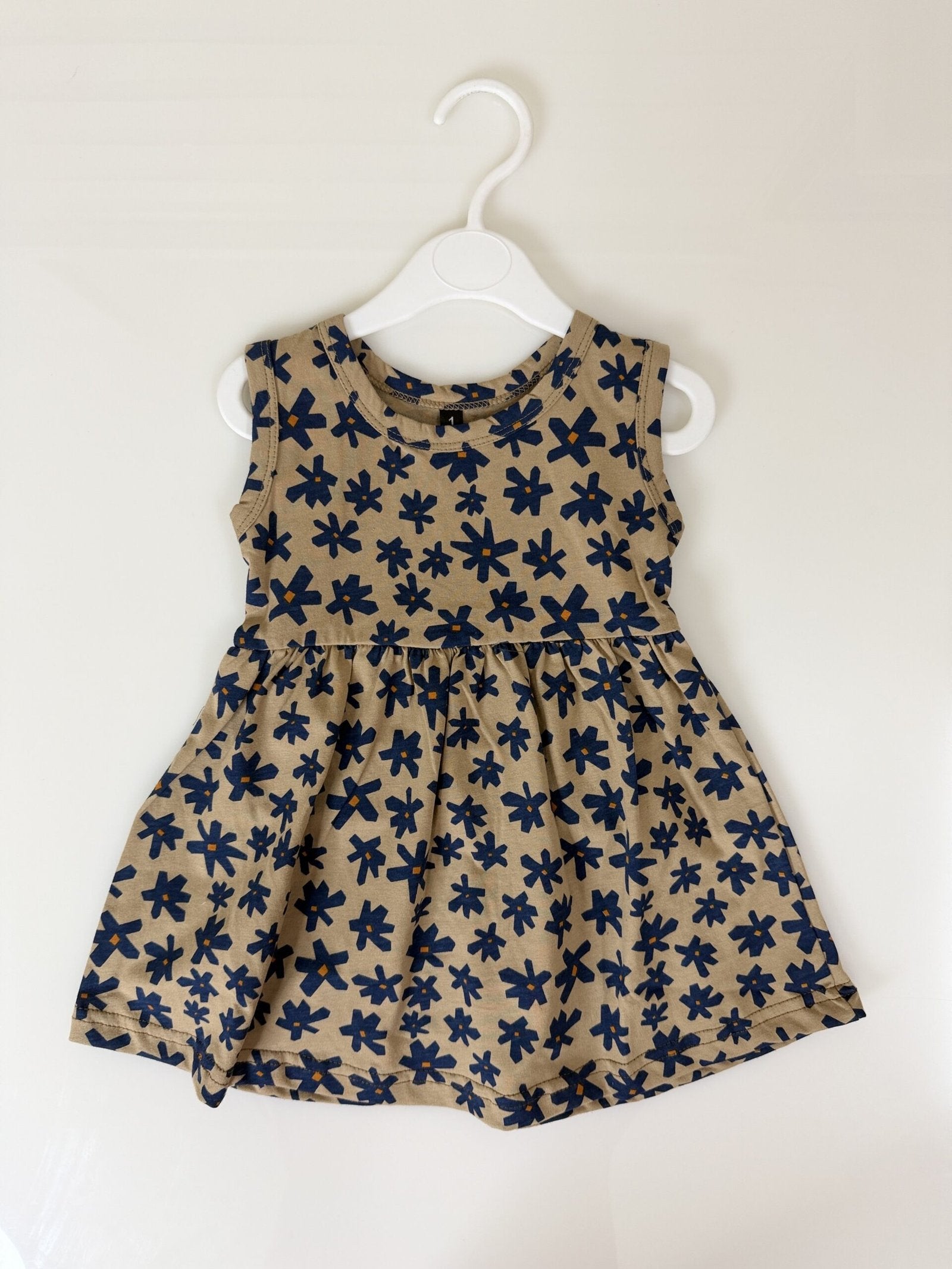 Beige Blue Floral Print Sleeveless Frock